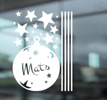 Raamsticker kerstbal met naam sterren wit a4