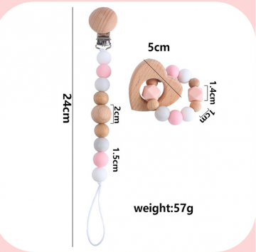 Speenkoord en bijtringarmband hartje wit roze 2